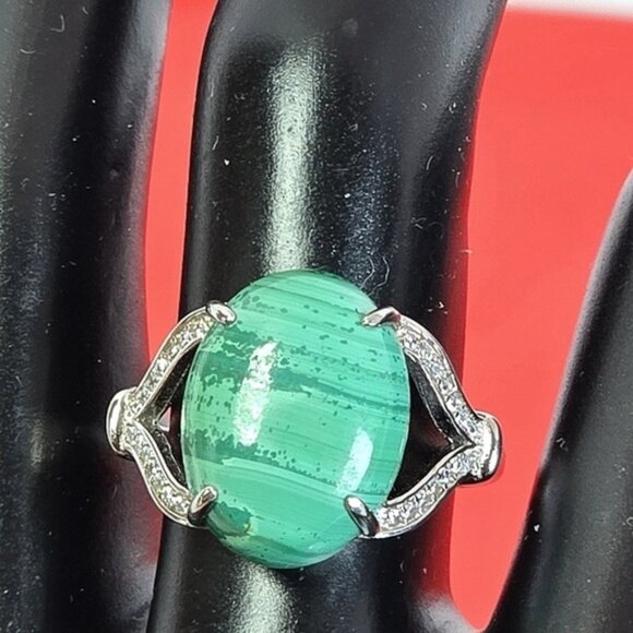 925 Sterling Silver Ring Sz 8.5 with Natural Malachite & CZ - Picture 11 of 13